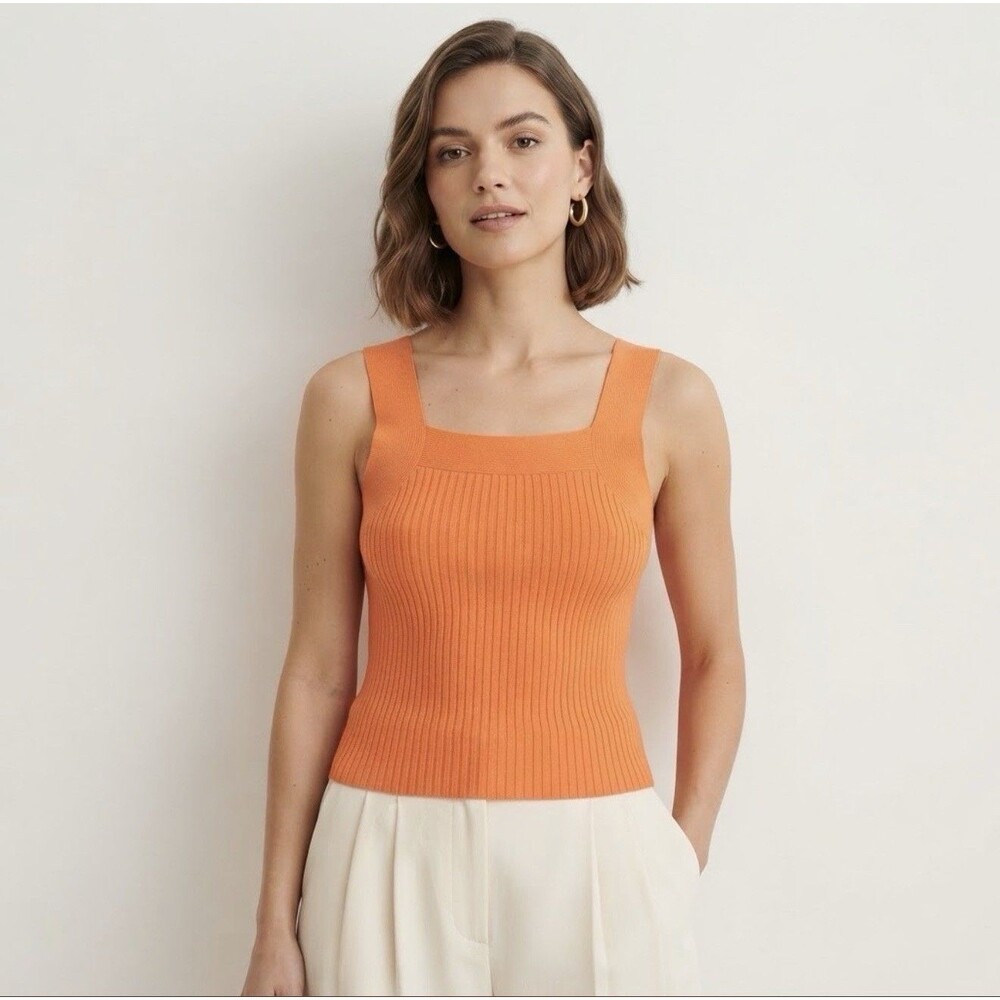 NWT Ann Taylor Orange Ribbed Knit Tank Top Square Neck Sleeveless Women’s Size M